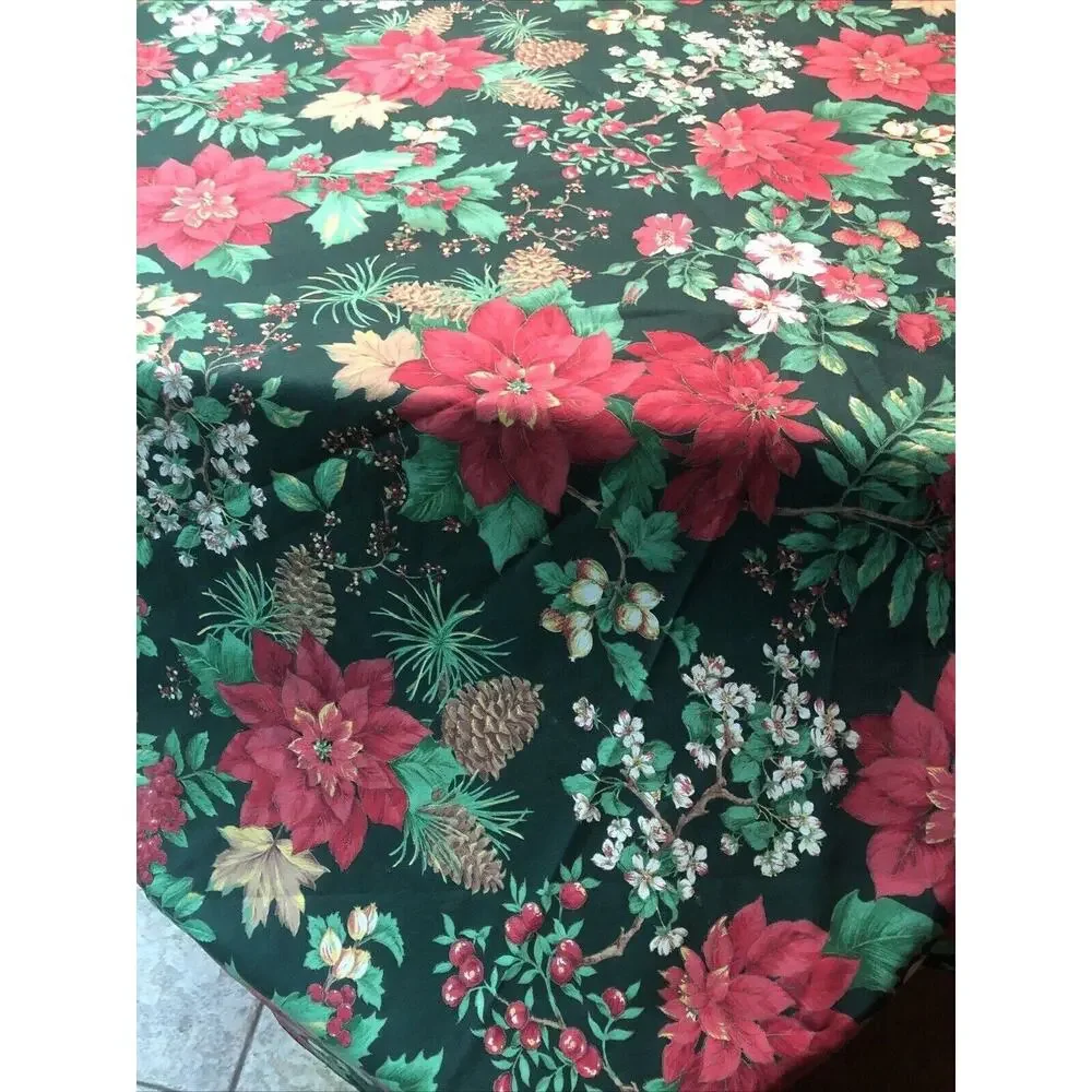 Hard to find Dark Background Christmas Tablecloth Red White Poinsettia Round 62
